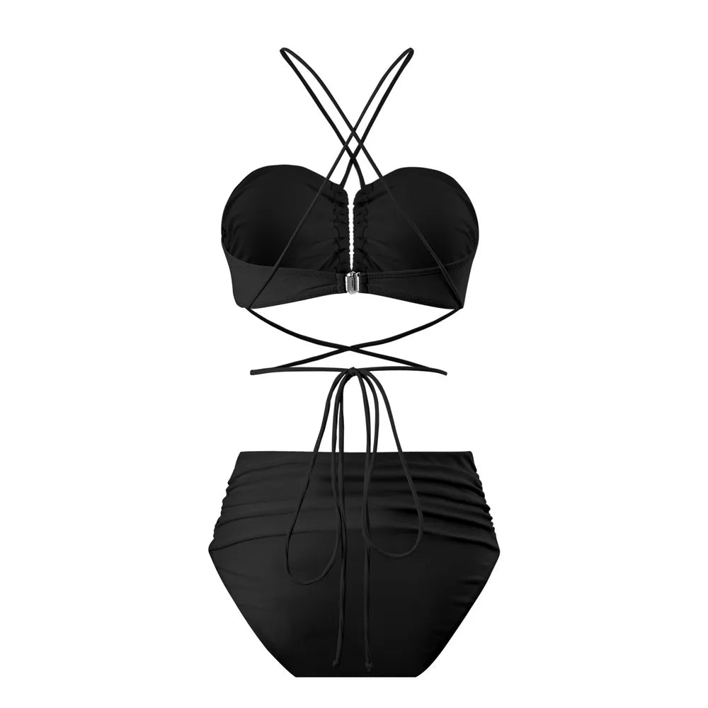 Sexy Red 3D Flower Swimwear Halter Bandeau Bikinis Sets High Wiast Swimsuit 2025 Women Ruched Bathing Suit Bikini Mujer Bather