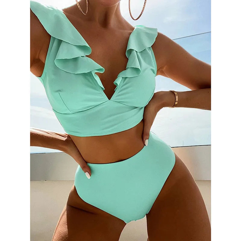 Riseado High Waist Bikinis Set Ruffle Shoulder Sexy Plunging Swimwear Women Bathing Suit Summer Beachwear