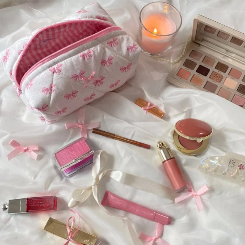 Cartoon Pink Bow Cute Storage Bag Cotton Fabric Cosmetic Bag Travel Portable Toiletry Storage Bag Women Makeup Case