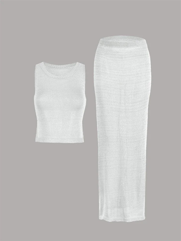 Sexy Transparent Sleeveless Shiny Camisole Tank Top Long Dress Two Piece Set 2025 Fashion Elastic Waist Wrap Hip Knitted Set K68