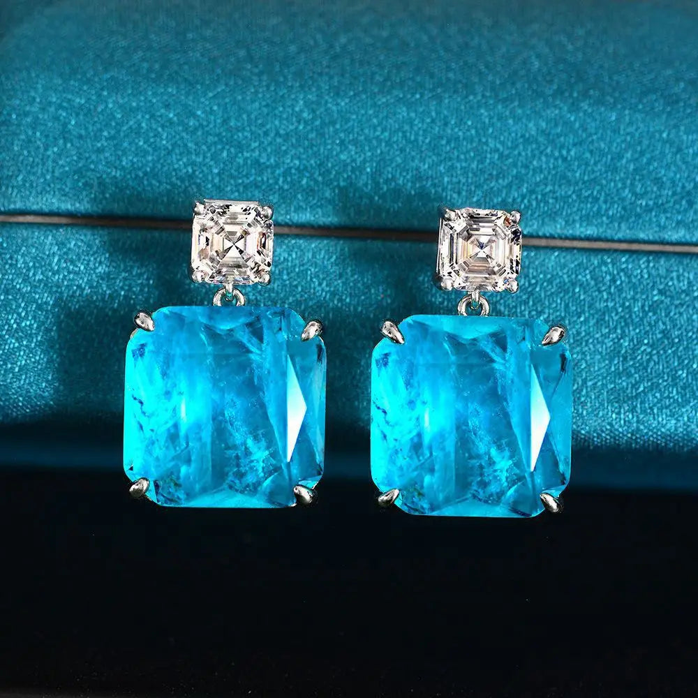 New Sparkling Paraiba Tourmaline Gemstone Drop Earrings 100% Sterling Silver High Carbon Diamond Fine Jewelry for Women