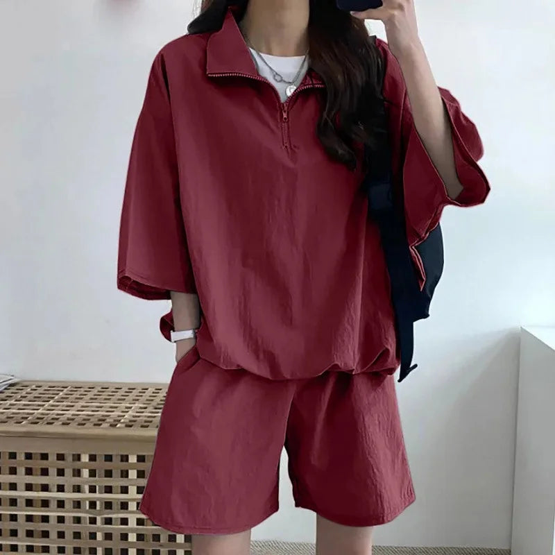 Korean Style Women's Summer Casual Sports Sun Protection Suit Two-Piece Set Workwear Jacket Shorts Polyester Fiber
