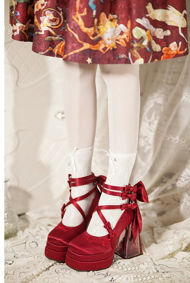 Original Lolita High Heels Elegant Ladies Camellia Embroidery Sweet Bow Satin Mary Jane Shoes Cos Shoes Women's Chunky Heels