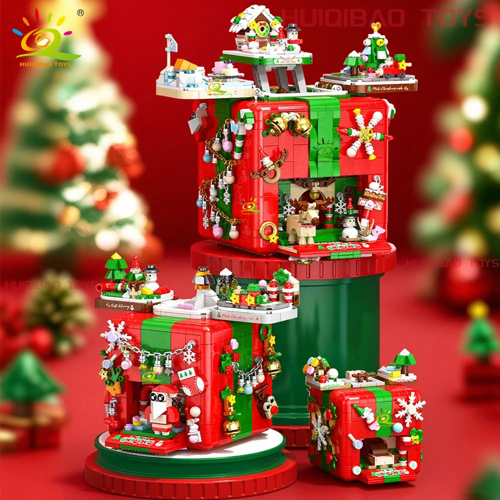 HUIQIBAO Christmas Gift Surprise Mechanism Box Model Building Block DIY Elk Snowman Bricks Ornament Toys for Children Adult