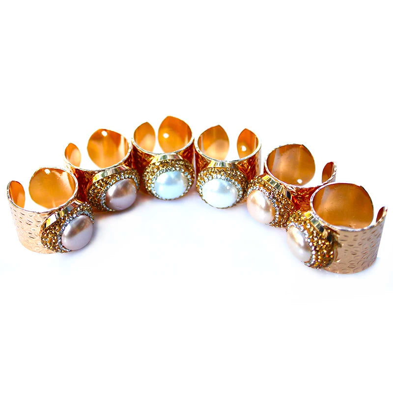 Micro Inlay Full Rhinestone Gold Plated Pearl Bride Engagement Wedding Open Ring Resizable