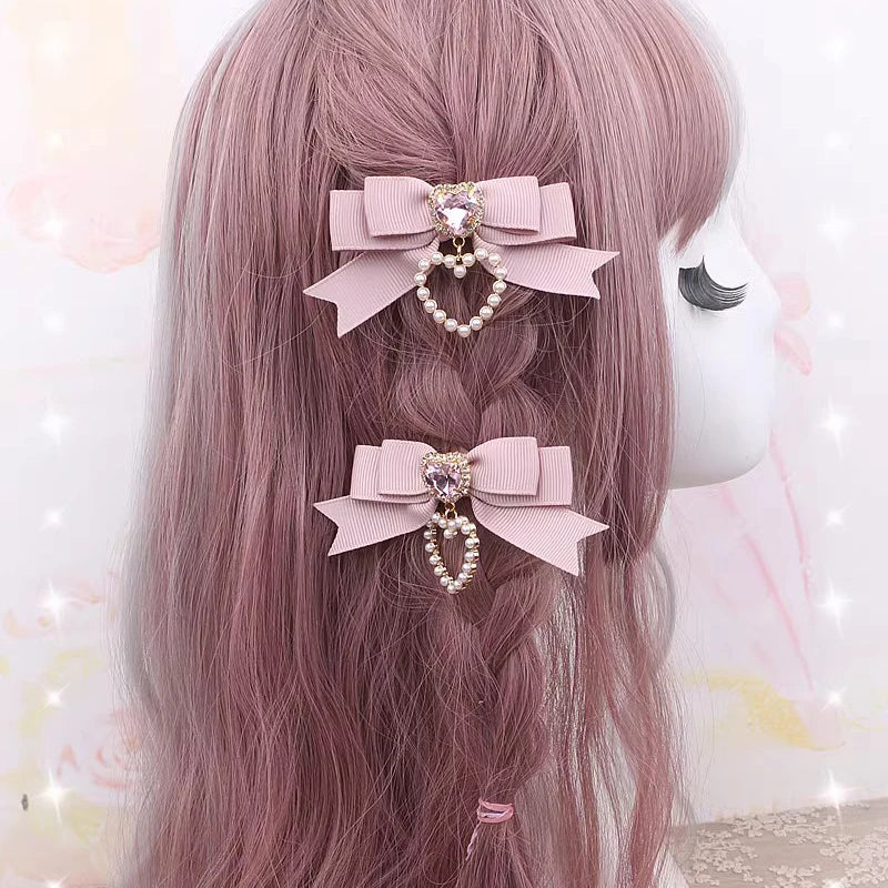 Bow Hair Clip Buckles for Girl Woman's Heart Diamond Hairpin y2k Accersories Trendy Lolita Hairclip Handmade