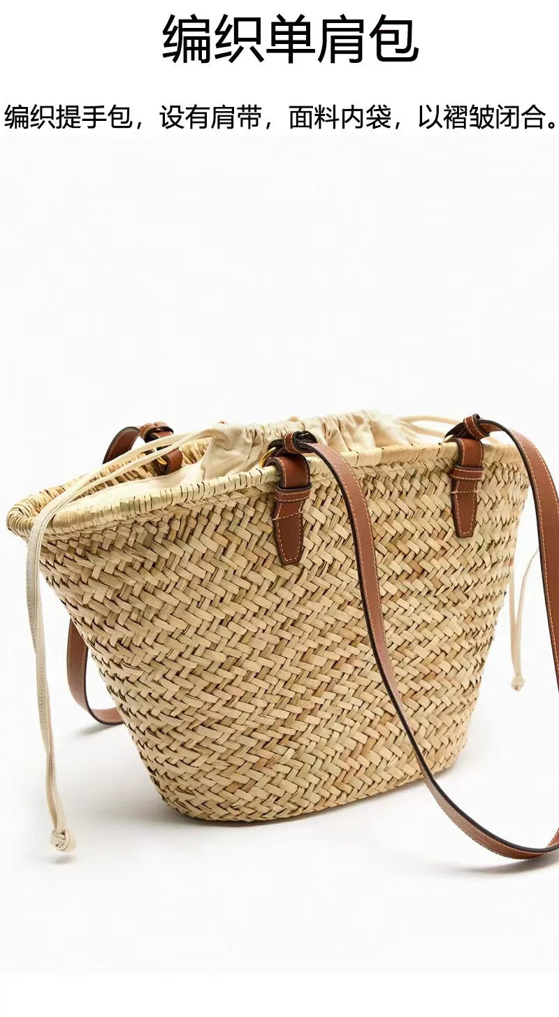 Fashion Large Capacity Straw Basket Bag Handmade Weave Women Shoulder Bags Casual Summer Beach Bag Big Tote Bali Shopper Purses