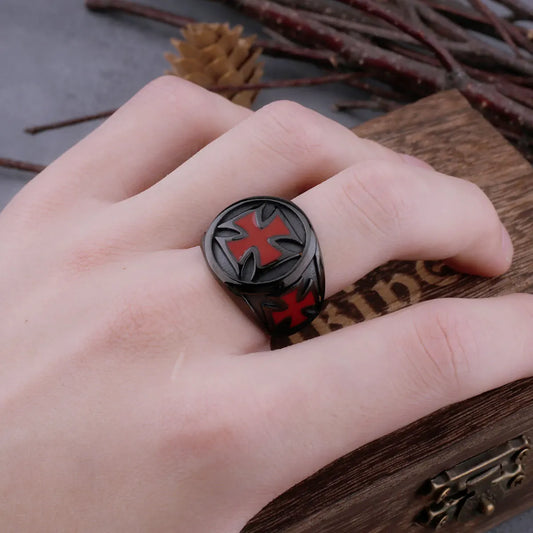 Stainless Steel Red Cross Black Ring Men's Religious Faith Hip Hop Punk Stainless Steel Simple Ring Christian Jewelry Gift