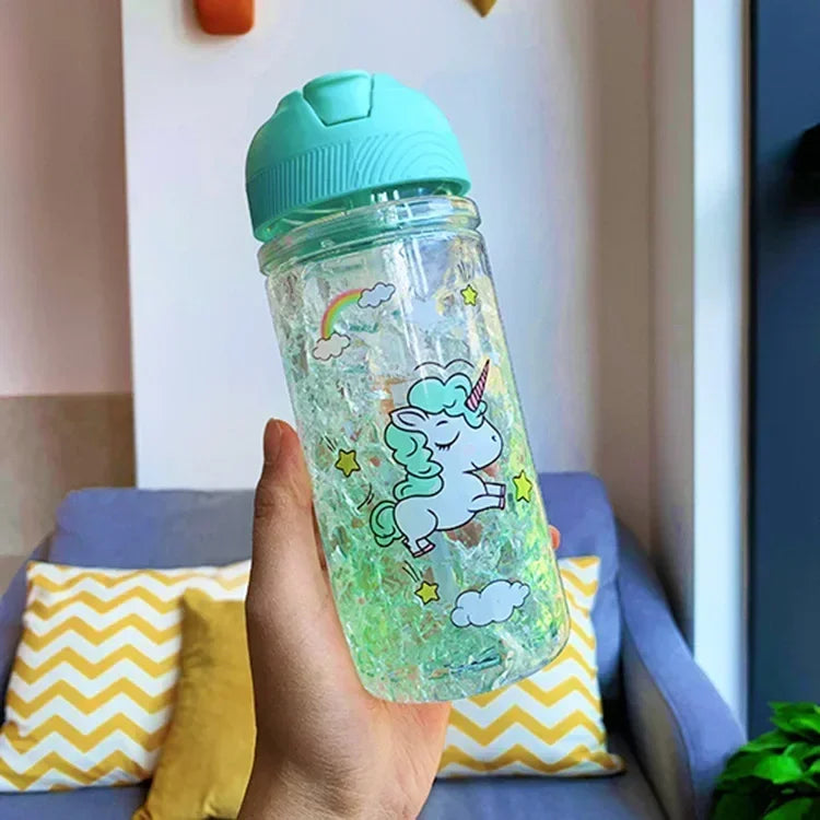 Stylish Double Straw Unicorn Ice Cup Summer Cold Drink Juice Coffee Water bottle Boy's Girl's Portable Plastic Cups Novelty Gift