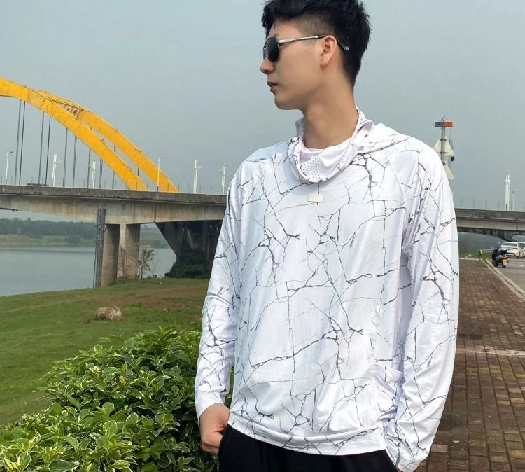 Sun Protection T-Shirts Men Fishing Hooded Outdoor Lightweight Mask Pullover Quick Drying Breathable Anti-UV Cool Sunscreen Tee