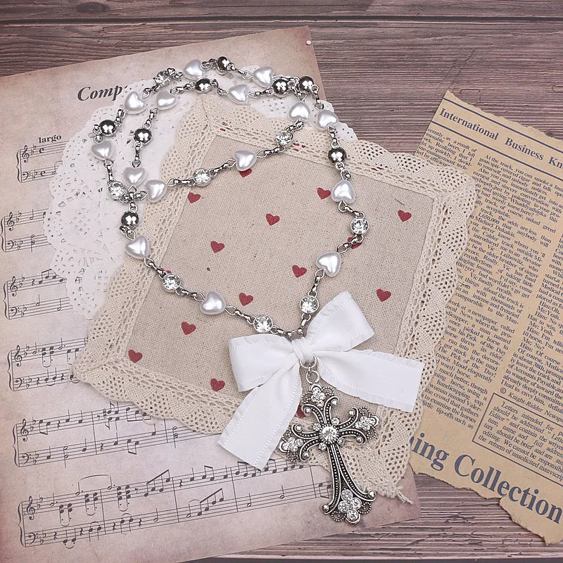 Lolita Style Accessories Beads Fashion Jewelry Handmade Necklace Rhinestone Cross Love Chain Long Necklace for Women
