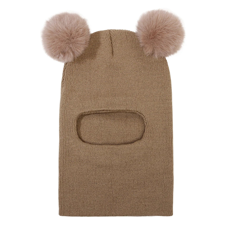 Kids Autumn Winter Pullover Hat Children's Double Ball Ear Protection One-piece Hats Baby Yarn Knit Cap Balaclava Christmas Gift