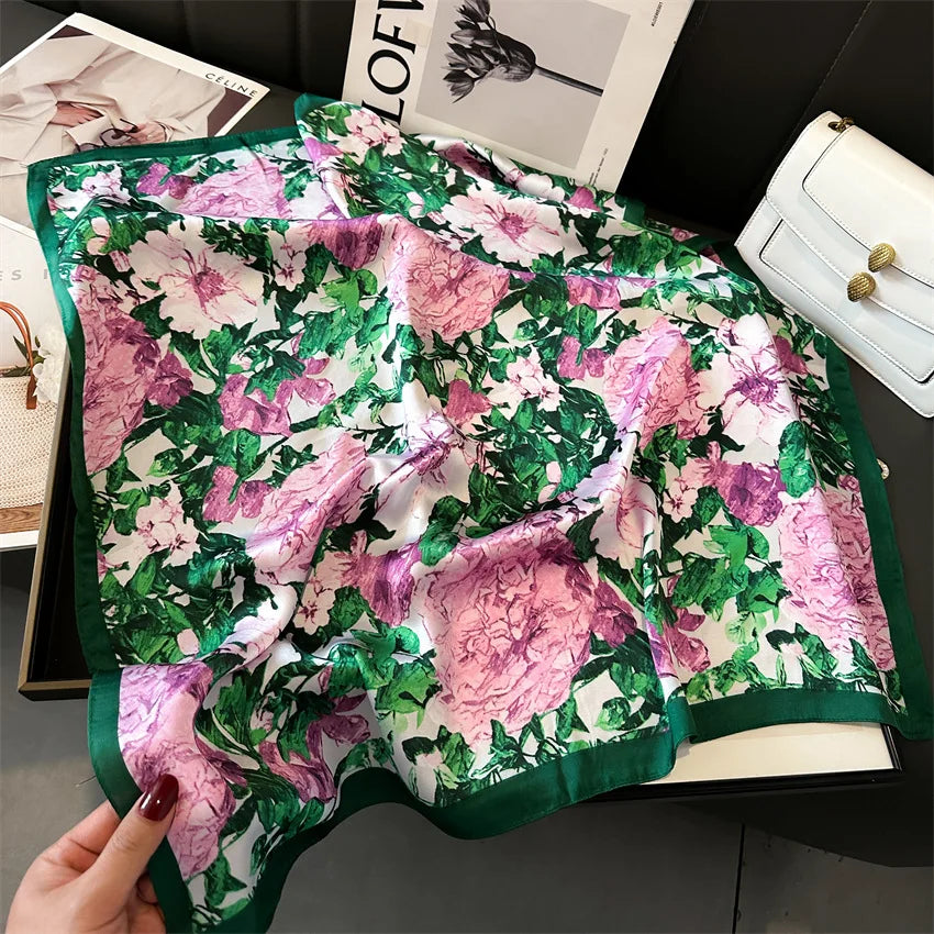 Imitated Silk Headcloth Fashion Flower Print Square Shawls Popular 70X70cm Bandanna Kerchief Sun Protection Silk Scarves Tie Bag