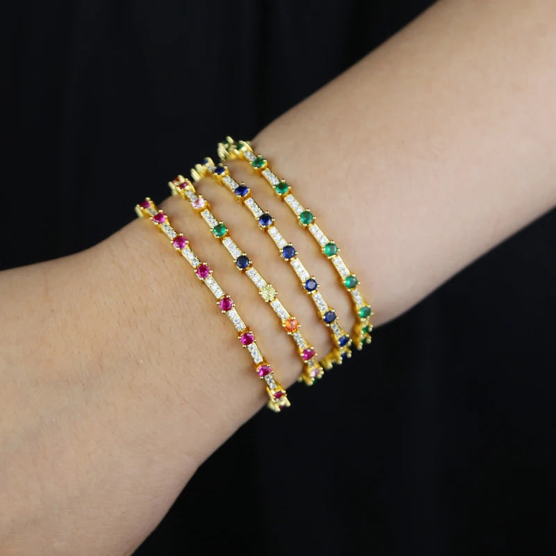 Gold Color Colorful Fashion Women Jewelry Rainbow Blue Red Green CZ Bar Geometric Charm Link Chain Bracelet