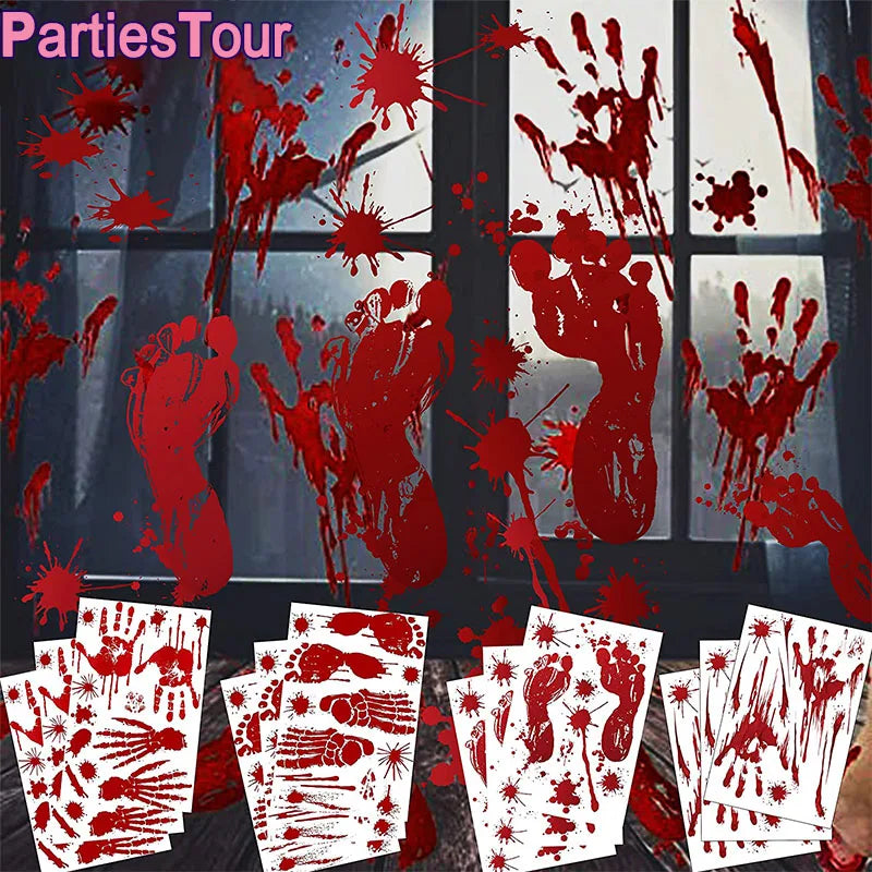 Halloween Window Bathroom Decor Horror Bloodstain Wall Sticker Bloody Handprint and Footprint Wall Decal Haunted House Decor
