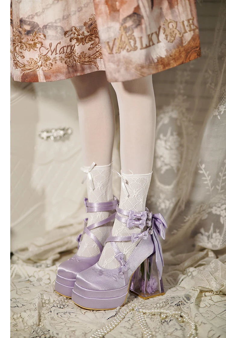 Original Lolita High Heels Elegant Ladies Camellia Embroidery Sweet Bow Satin Mary Jane Shoes Cos Shoes Women's Chunky Heels