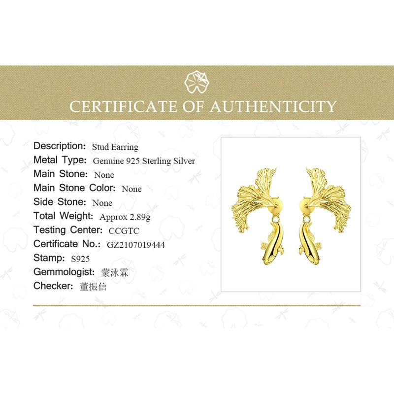 Lotus Fun 18K Gold Unusual Divided Design Fighting Fish Stud Earrings for Women Real 925 Sterling Silver Original Fine Jewelry