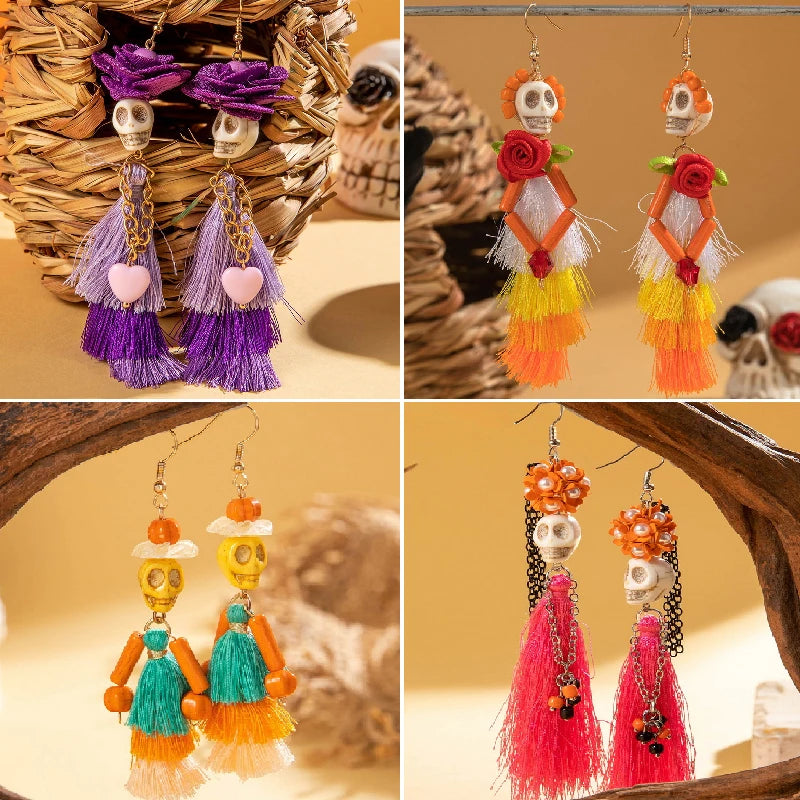 Halloween Skeleton Bride Skull Tassel Ear Dangle Earrings for Women Gothic Skull Drop Earrings Festival Party Jewelry Gift