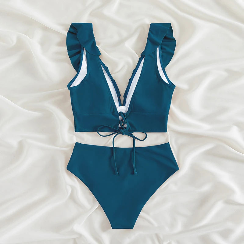 Riseado High Waist Bikinis Set Ruffle Shoulder Sexy Plunging Swimwear Women Bathing Suit Summer Beachwear