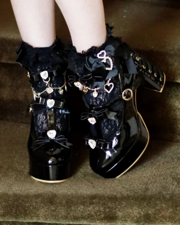 Handmade Sweet Lolita Bow Pearl Heart Pendant Lace Mid-Calf Socks Japanese Style Cotton Lace Socks Girls Women