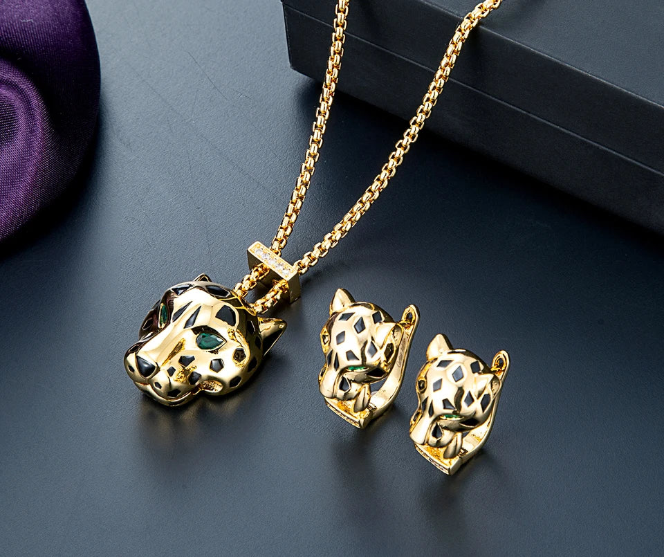 Zlxgirl Green Eye Jet leopard pendant with Earrings Jewelry Set AAA micro pave cubic zircon copper necklace sets fashion jewelry