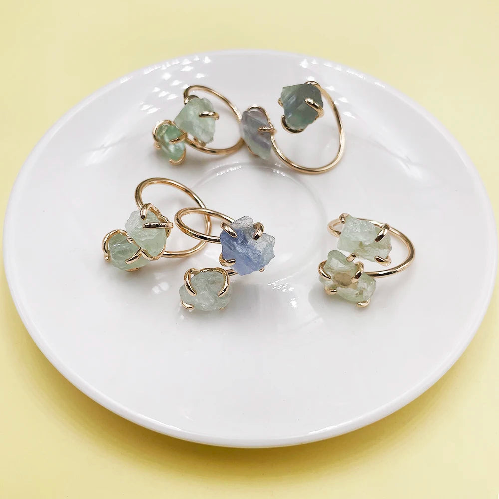 Irregular Fluorite Crystal Open Cross Ring for Women Girls Claw Setting Gold-color Boho Rough Stone Finger Jewelry Resizable