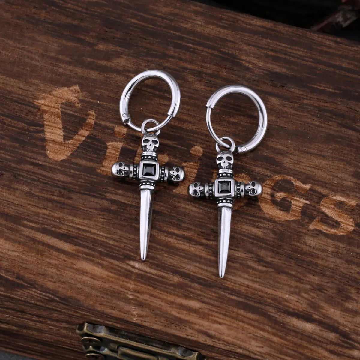 Vintage Cross Zircon Inlay Skull Earrings Men Hip Hop Stainless Steel Accessories Fashion Punk Jewelry Gift