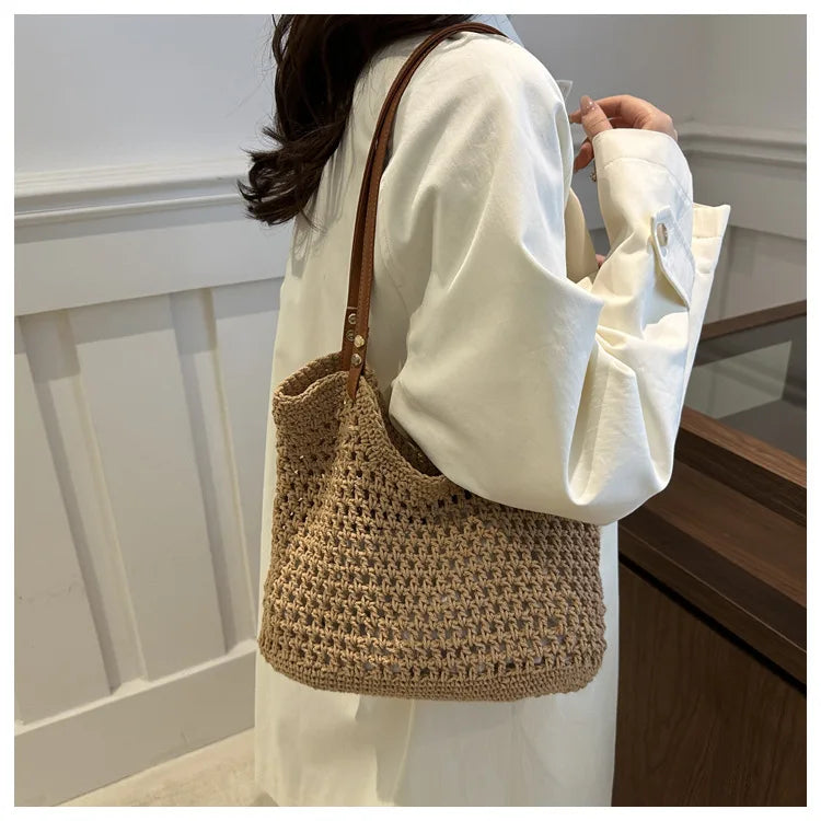 Large Capacity Weaving Shoulder Bags For Women Daily Used/Vacation, Casual Tote Straw Beach Bag, Handbags For Shopping/Commuter