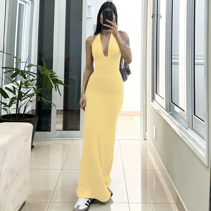 Tornova Halter Backless Long Dress For Women Solid Deep V neck Sexy Vacation Dress Lace Up High Waist Fashion Female Slim Dress