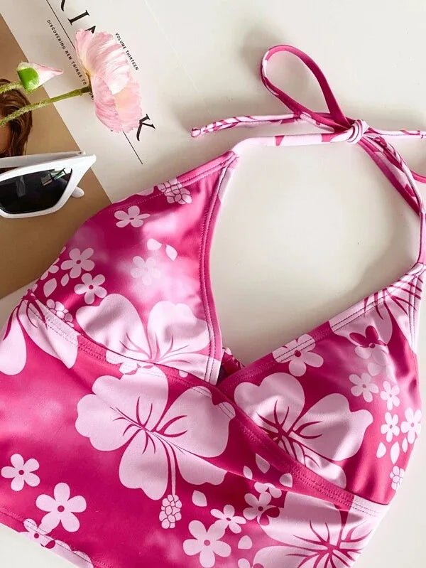 Sexy Yellow Floral Print Bikinis Set Women Halter Push Up Crop Top Swimsuit 2025 Beach Bathing Suit Lace Up High Waist Swimwear