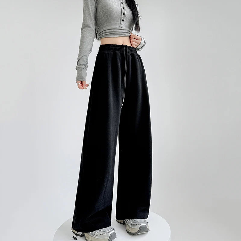 Black Gray High Waist Sweatpants Women Spring Autumn Elastic Waisted Wide Leg Trousers Woman Comfort Straight Loose Sport Pants