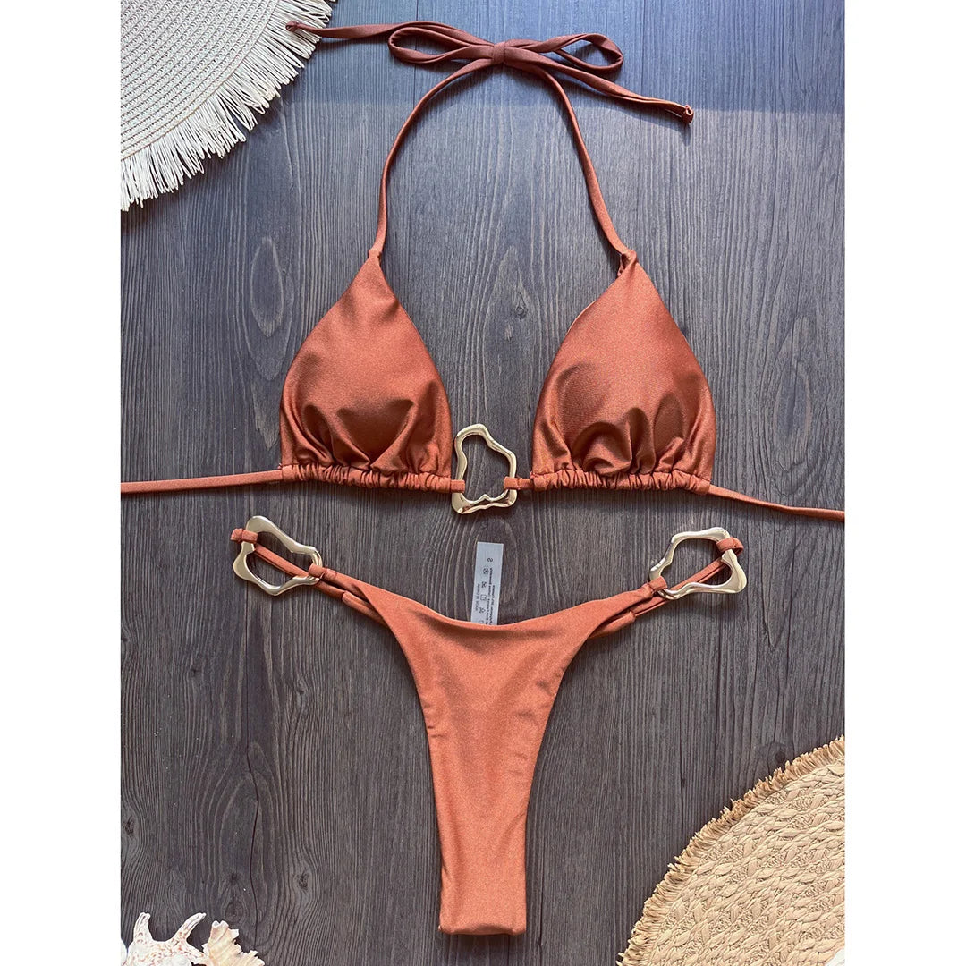 Shiny Metal Ring Halter Mini Thong Bikini Women Swimwear Female Swimsuit Two-pieces Bikini set Bather Bathing Suit Swim V6438