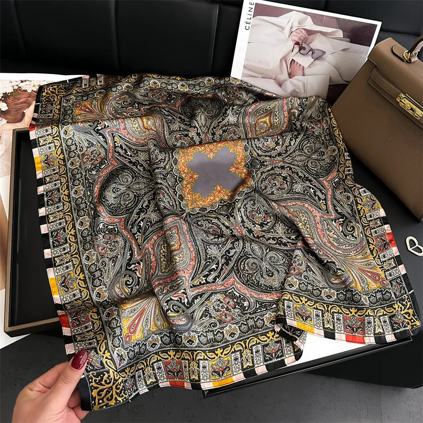 Imitated Silk Headcloth Fashion Flower Print Square Shawls Popular 70X70cm Bandanna Kerchief Sun Protection Silk Scarves Tie Bag