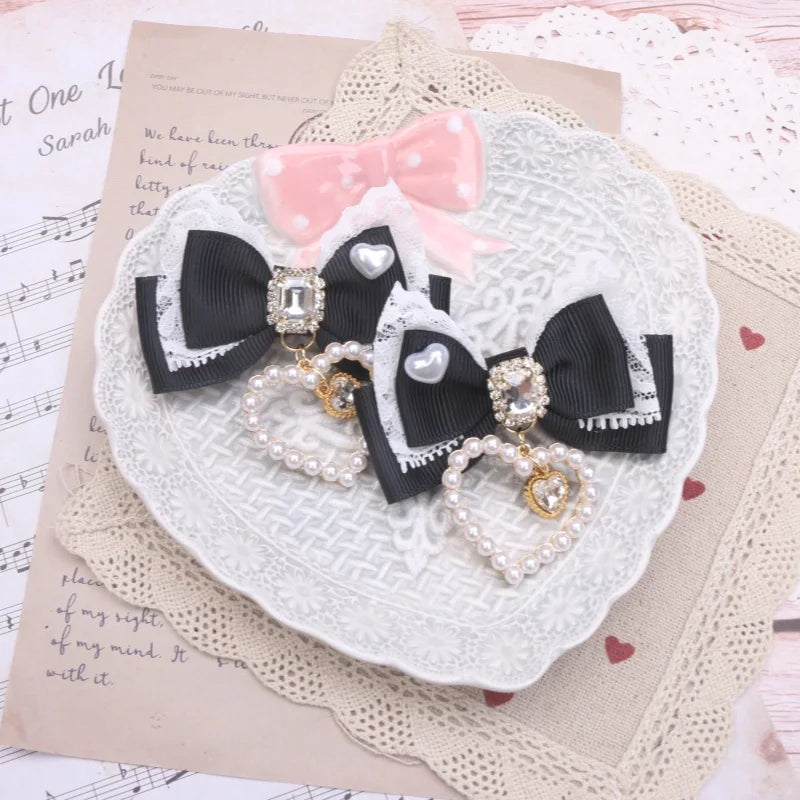 1 Pair Female Hair Clips Pearl Heart Side Clip Sweet Girl's Hairclips Lolita Hairpin Headdress Jiraikei Accessories