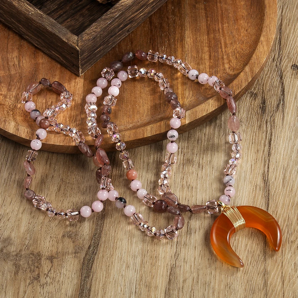 New Natural Crystal Aventurine Jade Agate Bull Horn Pendant 6mm Natural Stone Glass Knot Necklace Sweater Chain Women's Gift