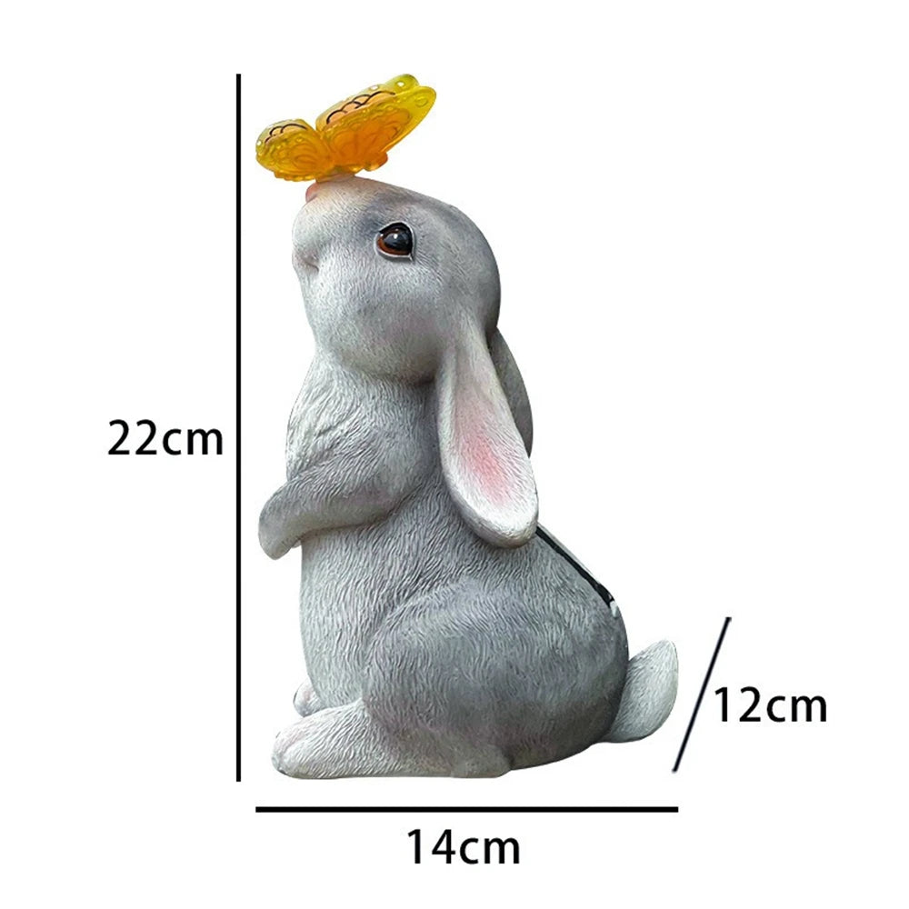 Solar Bunny Statue Garden Decor with Butterfly LED Light Resin Animal Sculpture Figurine Outdoor Decoration for Garden Courtyard
