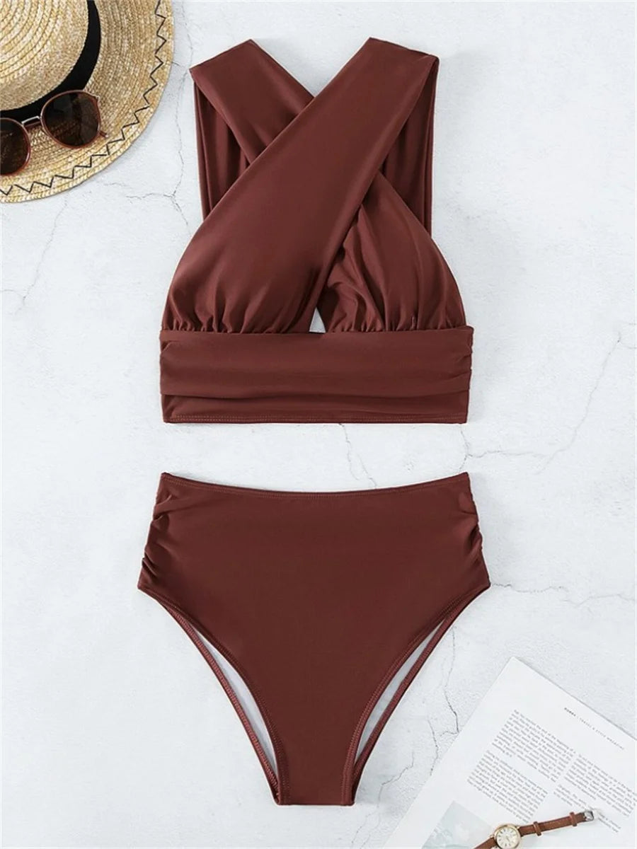 Sexy Black Blue Bikinis Sets Women Halter Cross Hollow Out Push Up High Waist Swimsuit 2025 Bathing Suit Two Piece Swimwear