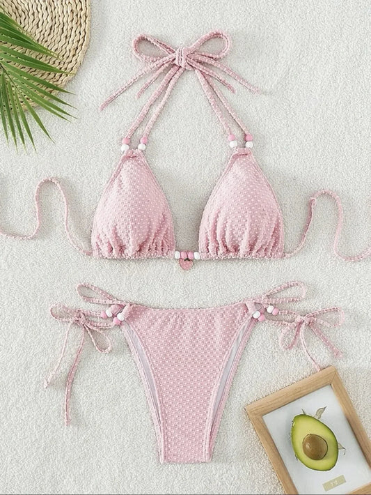 Sexy Pink Bikini 2024 Swimsuit Women White Pearl Strap Push Up Micro Swimwear Brazilian Bathing Suit Tie Side Thong Bikinis Sets