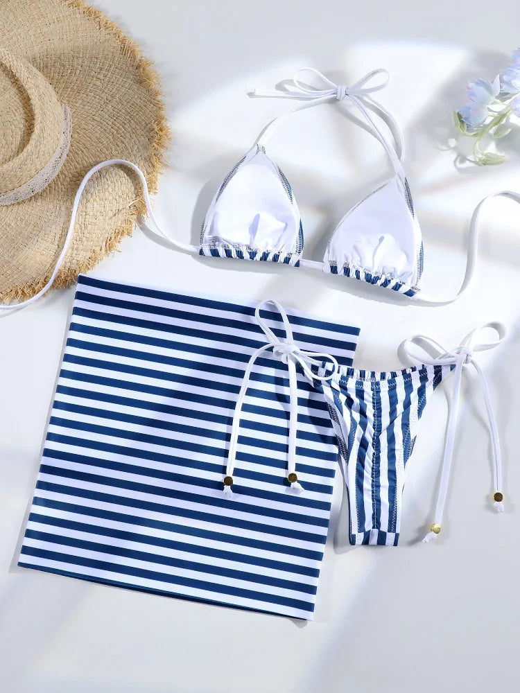 Miyouj Gingham Bathsuit Triangle Bikini Set Women Three Piece Suit Sexy Beach Wrap Solid  Beachwear 2025 Bikinis Halter Swimwear