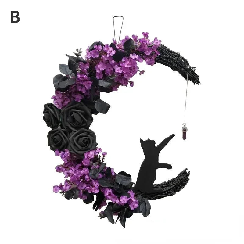 Halloween Moon Cat Garland with Rose Black Decorations Halloween Garland Halloween Wreath for Front Door Halloween Door Decor