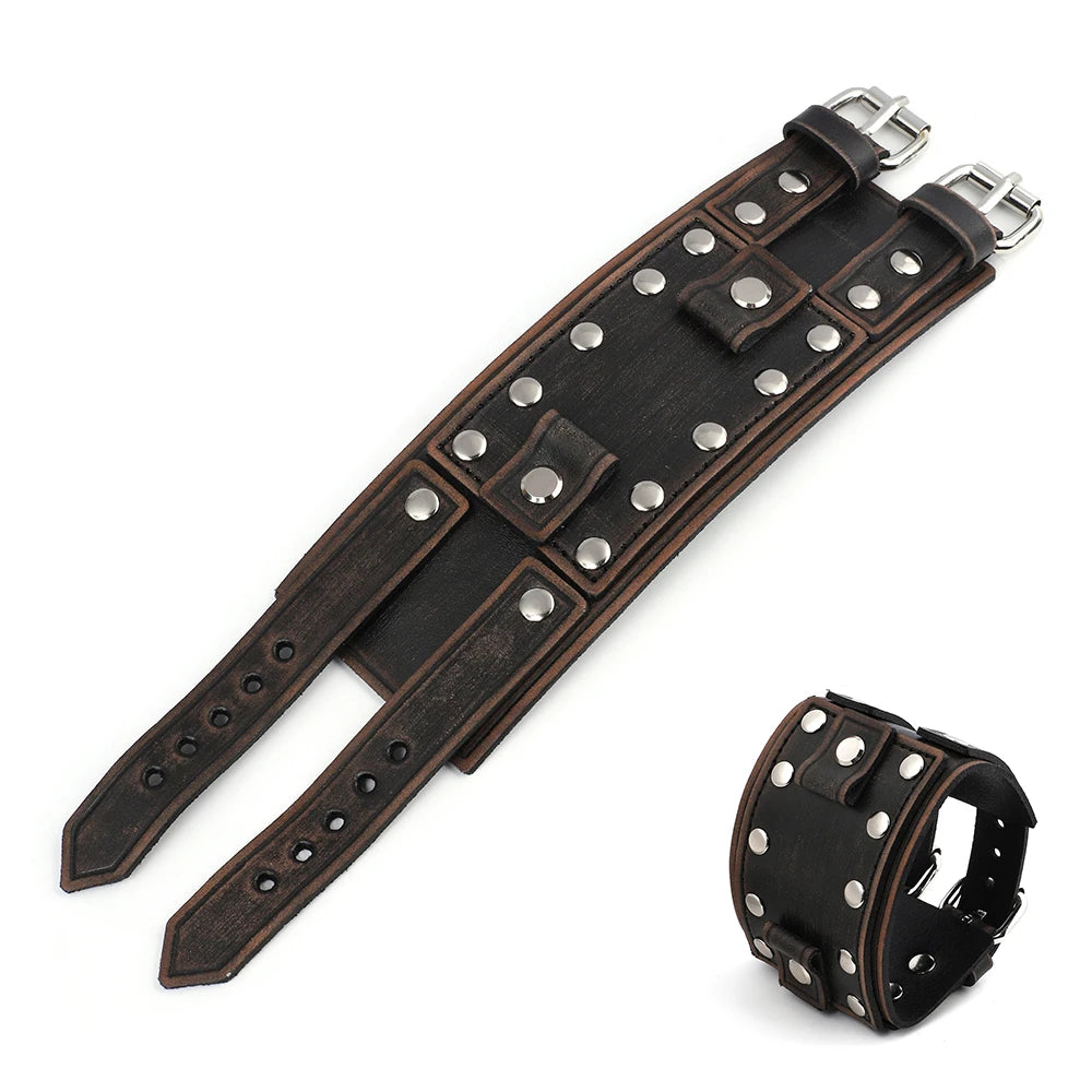 Vintage Punk Leather Cuff Strap 20mm Men's Wrist Watch Band with Mat Double Buckle Rivet Watchband Bracelet Watches Accessories