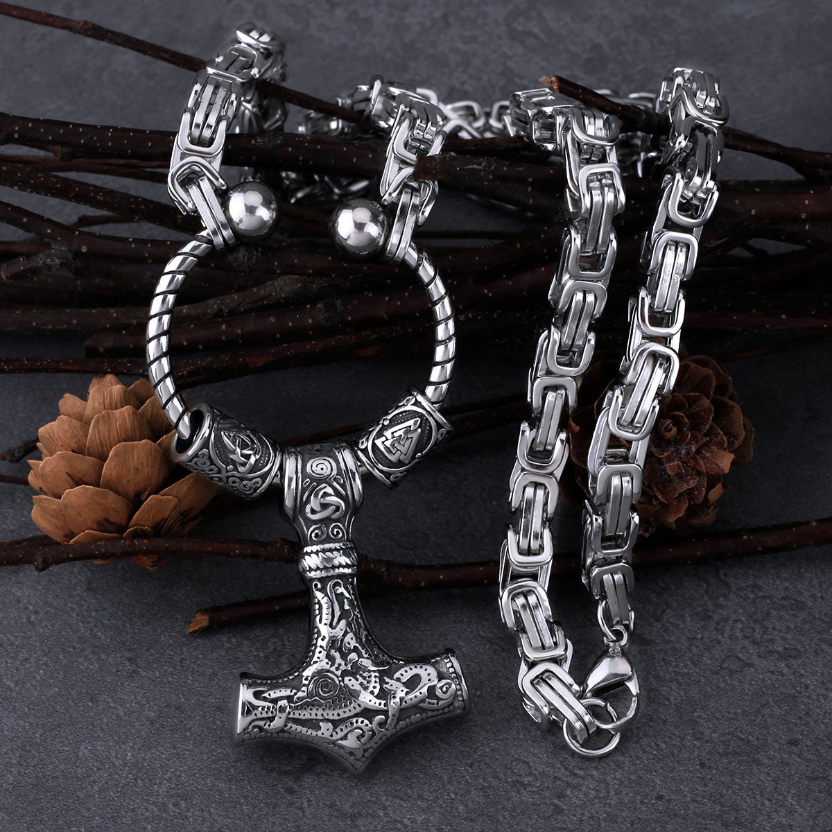 Stainless Steel Viking Thor's Hammer Set Men's Retro Creative Pendant Necklace Party Gift Jewelry