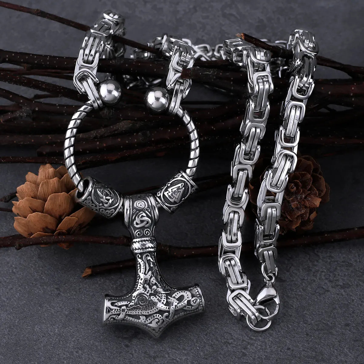 Stainless Steel Viking Thor's Hammer Set Men's Retro Creative Pendant Necklace Party Gift Jewelry