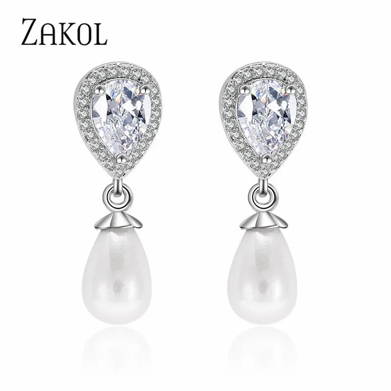 ZAKOL Fashion Imitation Pearl Dangle Earrings Luxury Jewelry for Women AAA Water Drop Cubic Zirconia Wedding Earring