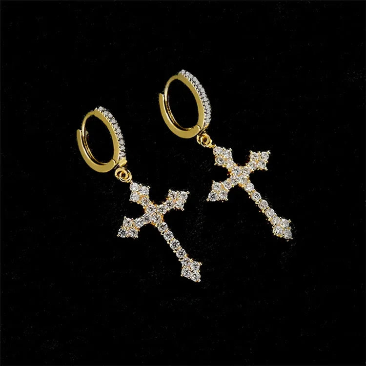 New Trendy Punk Zircon Crystal Cross Earring for Women Men Goth Hip Hop Piercing Black Hoop Earrings Fashion Party Jewelry Gifts