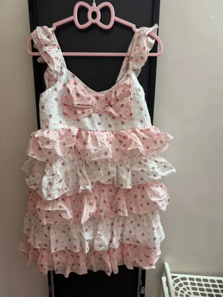 Strawberry Print Cute Dress Women Contrast Patchwork Y2k Aesthetic Dresses Vintage Sleeveless Kawaii Girl JK Ruffled Vestidos