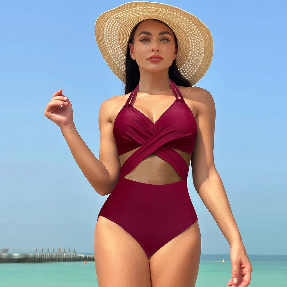 Sexy One Piece Swimsuit Women's Pure Color Mesh Bikini Swimsuit Summer New