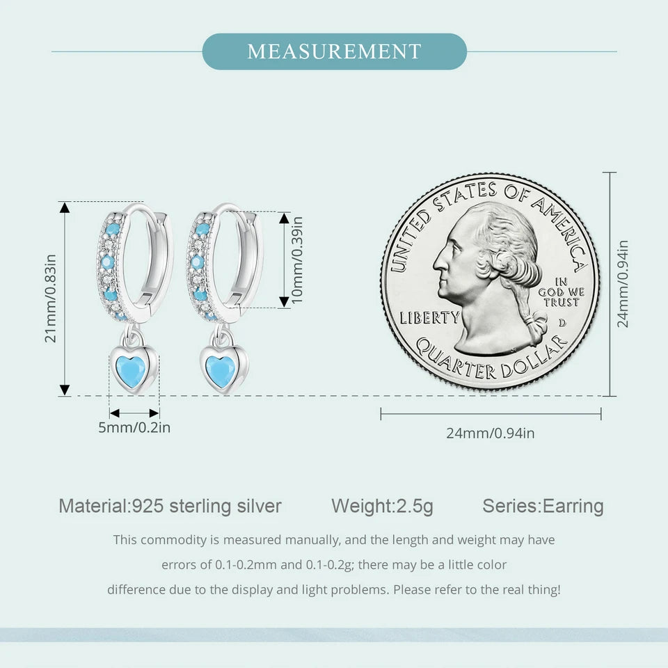 WOSTU 925 Sterling Silver Blue Heart-shaped Turquoise Hoop Earrings For Women Shiny CZ Drop Dangle Earrings Pendientes Jewelry