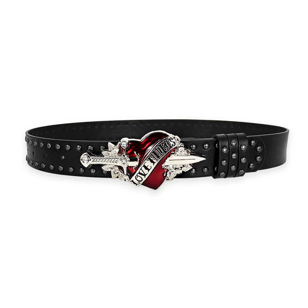 Unisex Jeans Belt sword red heart Gothic Y2k Fashion Belts For Women Designer Luxury Black Rivet Punk Accessory Men's Belt Male