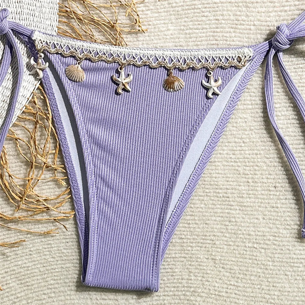 Shell Decoration Swimwear String Halter Bikinis Sets Micro Thong Sexy Swimsuit Women 2025 Bathing Suit Purple Triangle Bikini
